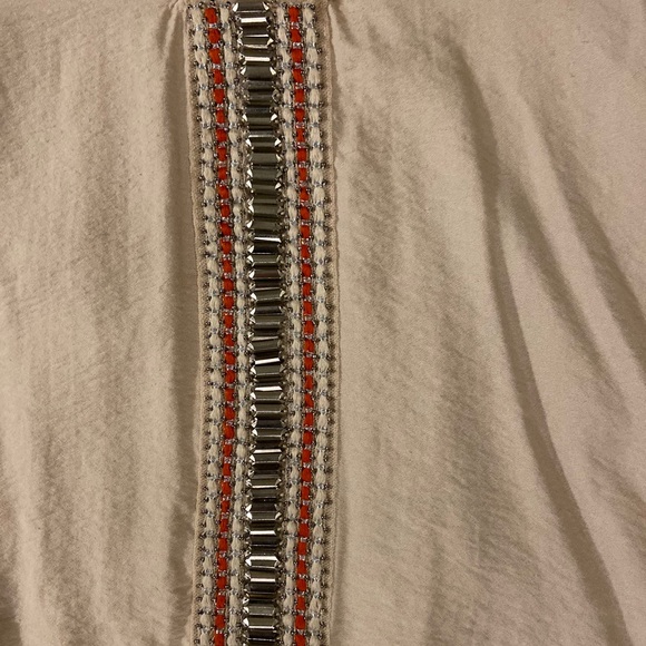 Beaded Short Sleeve Blouse. Beige. Size Small. - Picture 2 of 4